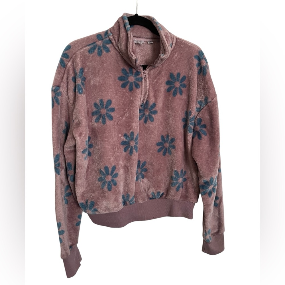 Mighty Fine Sz LG Lavender Fleece 1/4 Zip Jacket with Teal Blue Floral Accents